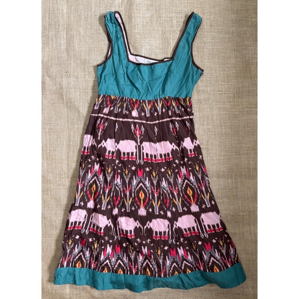 Anthropologie Diorde Teal Brown Elephant Dress 4 6 Silk Blend Boho Goblin Core